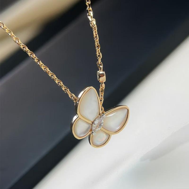 18K Rose Gold Plated Sterling Silver Butterfly & Clover Necklace with White Mother-of-Pearl