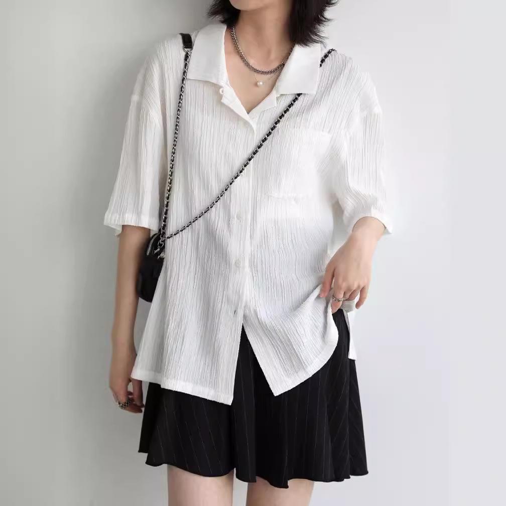 

CHICVEN Женская летняя полосатая текстурированная блузка - Повседневная, Свободная, С коротким рукавом Large белый