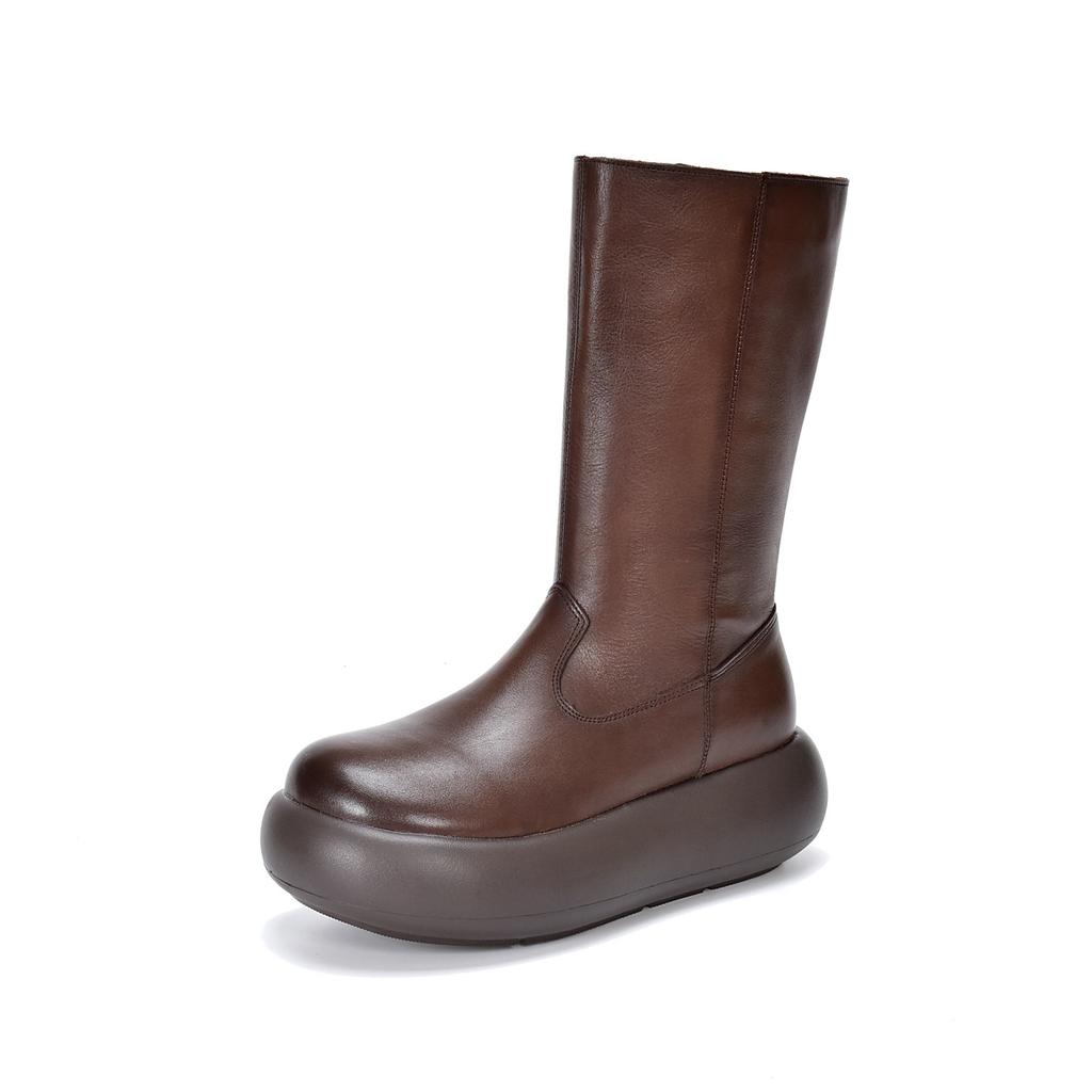 Johnature Women's Boots Genuine Leather Retro Round Toe Thick Soled Side Zipper Mid-calf Boots