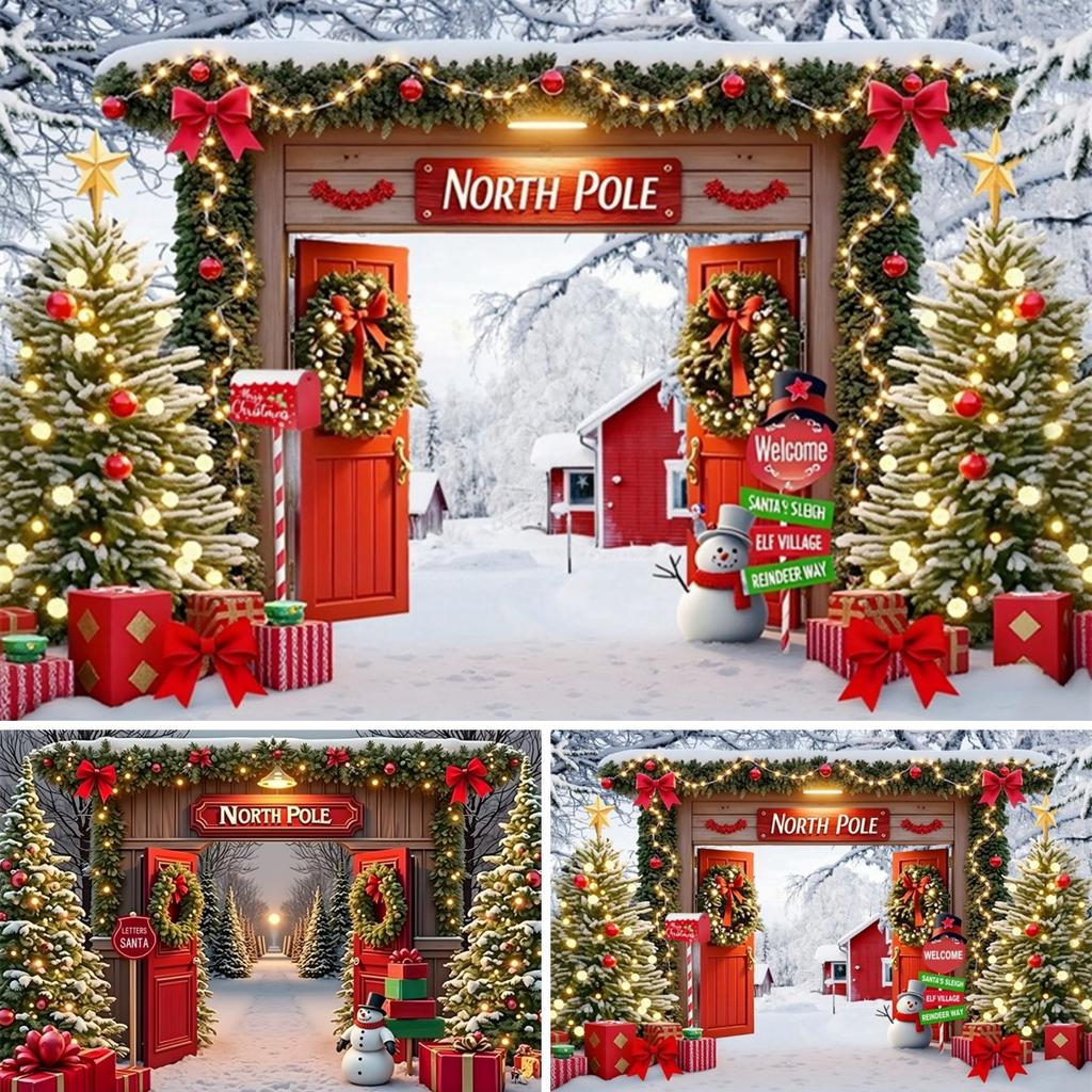 Yeele Christmas Photography Backdrop Winter Snow North Pole Wooden Door Xmas Tree Gifts Kids Family Portrait Photo Background