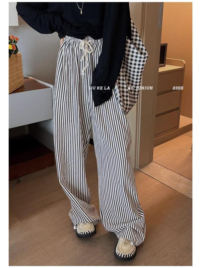 Women's Petite Retro Vertical Striped Wide-Leg Pants - Summer Casual Loose Fit