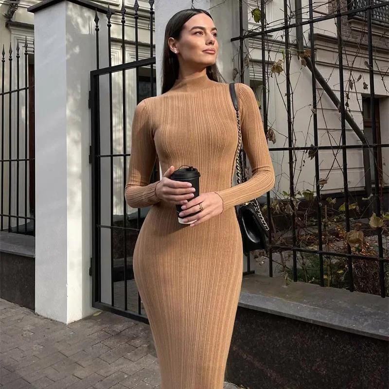 

Водолазка трикотажные женские платья однотонные высокая талия бедра пакет длинный рукав тонкий женский халат