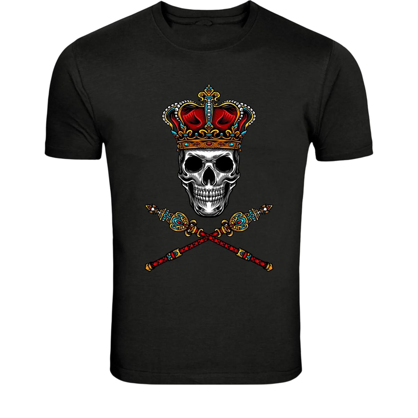 King Skull Crown T-Shirt - Royal Skeleton Cross Swords Graphic S