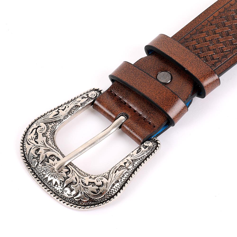 Retro Western-Style Leather Belt with Carved Metal Buckle and Embossed Design