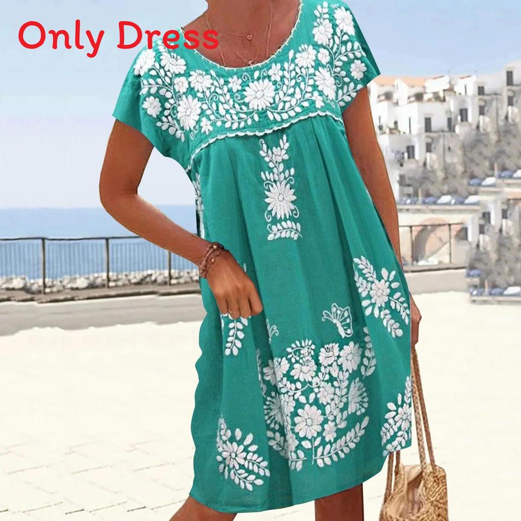 Ethnic Style Short Sleeve Floral Print A Line Dress For Summer Casual Wear