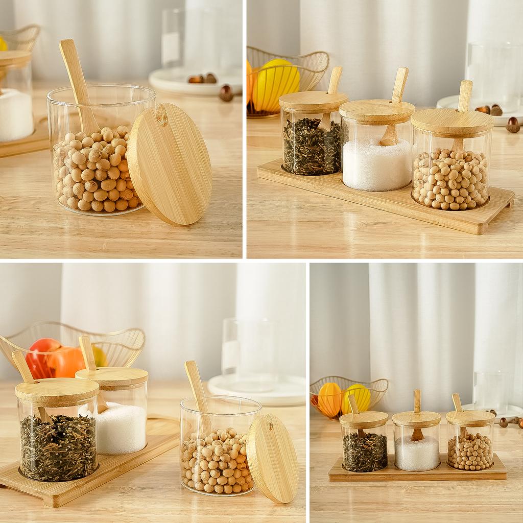Kitchen Glass Condiment Jar Set Wood Lid with Tray Spoon Clear Spice Salt Container Dust-Proof Coffee Beans Organizer Bottle