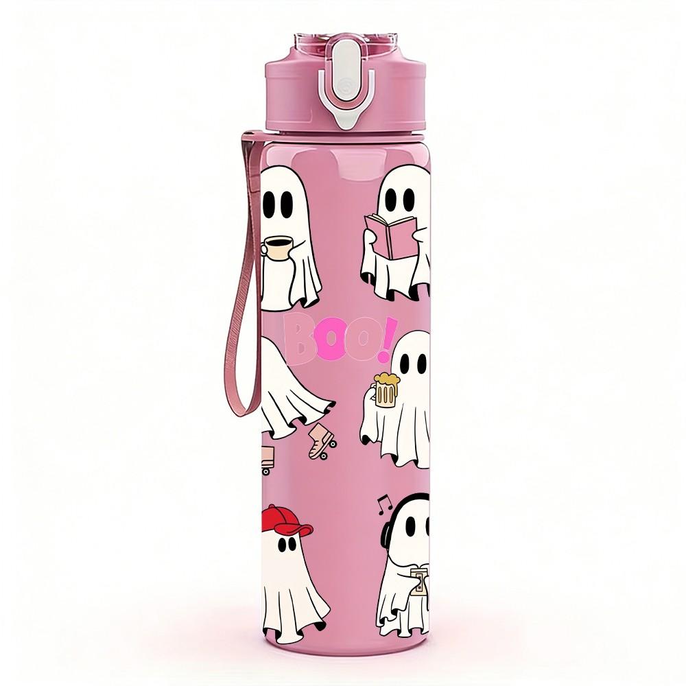 1PC Ghost Halloween Cute Group Cartoon Print 750ml Color Plastic Sports Water Bottle Leakproof Flip Straw Lid Suitable for Sports Office Home Use