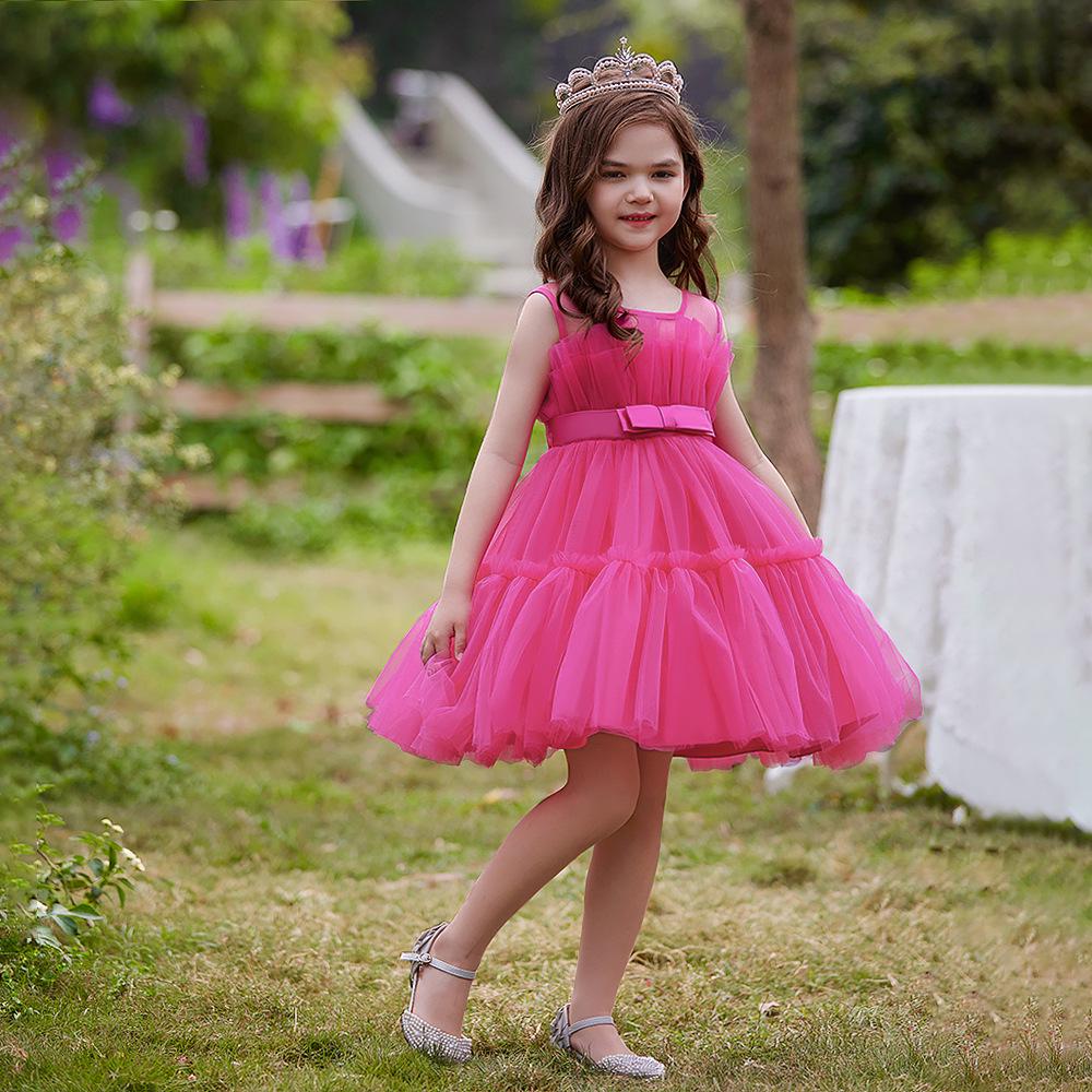 Girls' Princess Layered Puffy Train Gown for Piano Performances & Runway