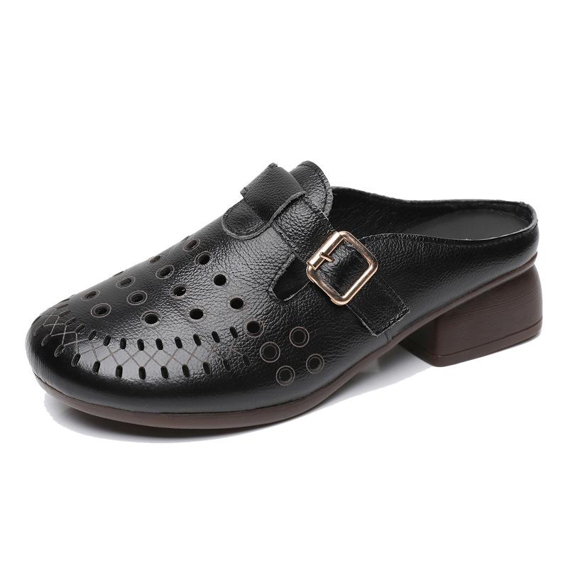 New Summer Genuine Leather Sandals Round Toe Hollow Women's Slippers Outerwear Cool Breathable Fashion Slippers