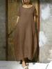 2023 Women's Cotton Linen Dress Loose Fit Round Neck Slit Belted Design