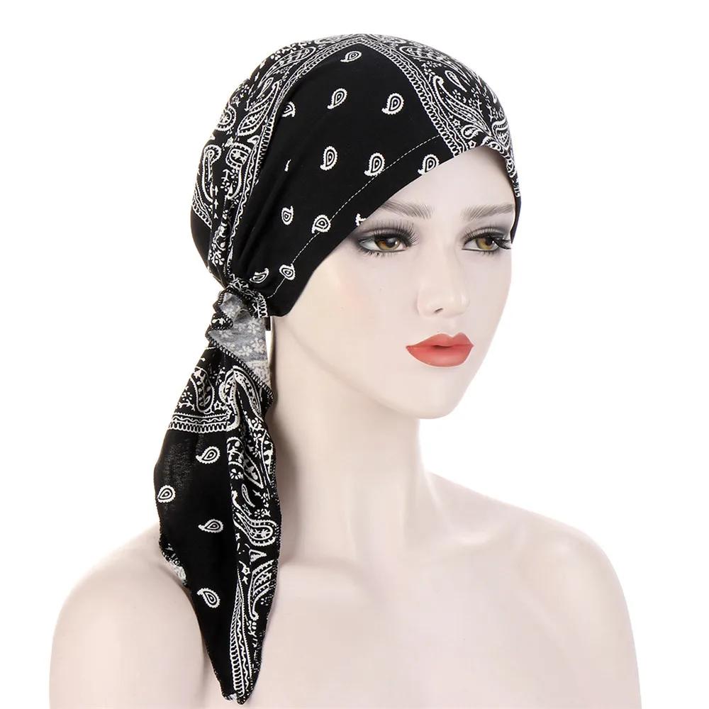 New Muslim Inner Hijab Turban Women Pre-Tied Cap Long Tail Headscarf Wrap Beanies Bonnet Head Scarf Stretch Headwear Ninja Hat