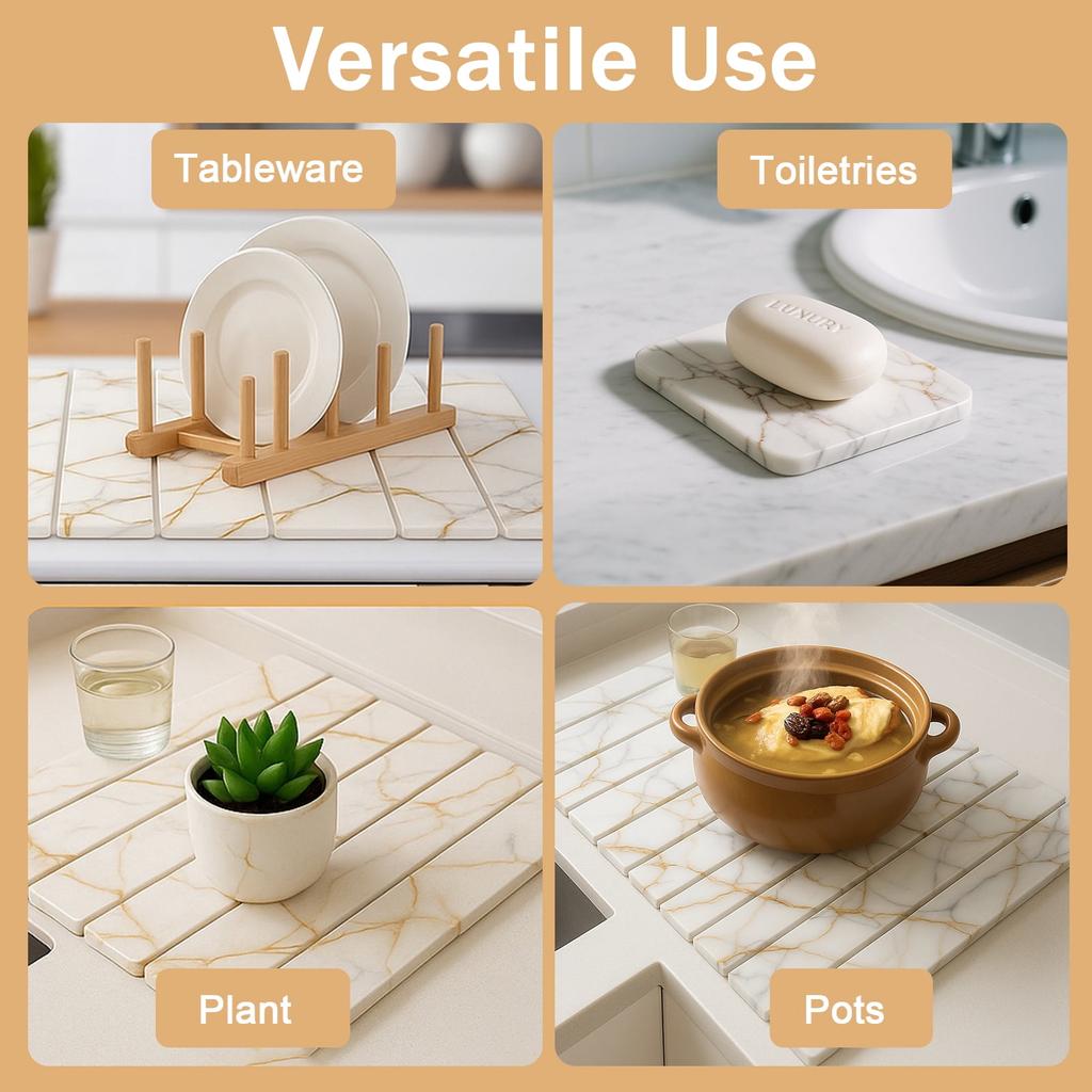 Large Diatomite Drying Mat for Dishes, 24x16 Inch Foldable Non-Slip Kitchen Counter Mat, Fast Absorbing & Antibacterial Sink Pad