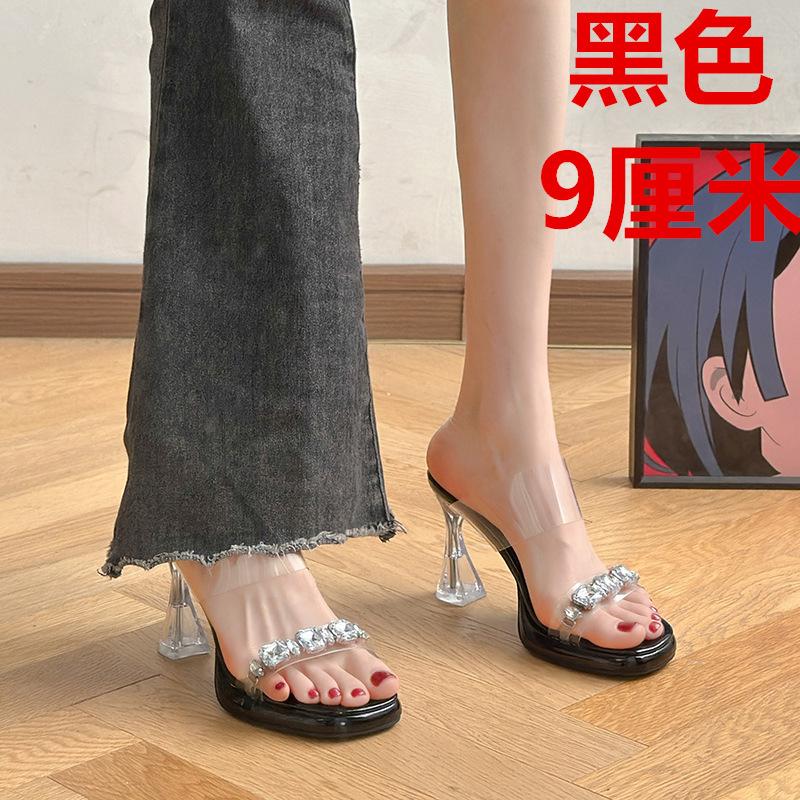 French Rhinestone One-word Slippers for Women's Summer Wear 2025 New Transparent Crystal and Foreign Sexy High-heeled Sandals
