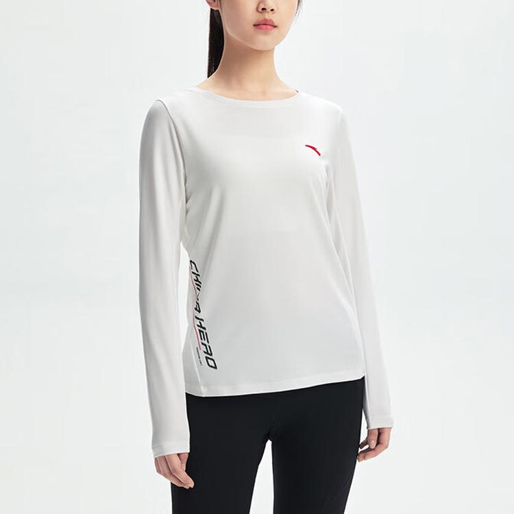 Anta Training Series Solid Color Logo Round Neck Pullover Long Sleeve T-Shirt Women Tops Pure-White 162337402-1