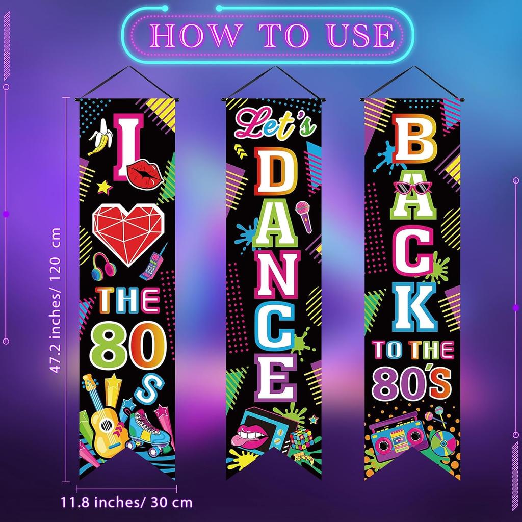 3 Pieces 80's Party Decorations Back To The 1980 Banners I Love 80s Porch Signs Hanging Backdrops for Home Bar Retro Theme Hip Hop Rock Disco