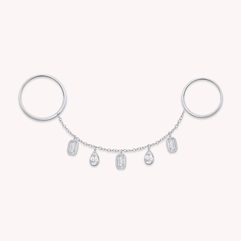 2026 New Arrived Fashion Women Jewelry Geometric Bezel CZ Drop Charm Tassel Chain Double Finger Ring Gold Plated