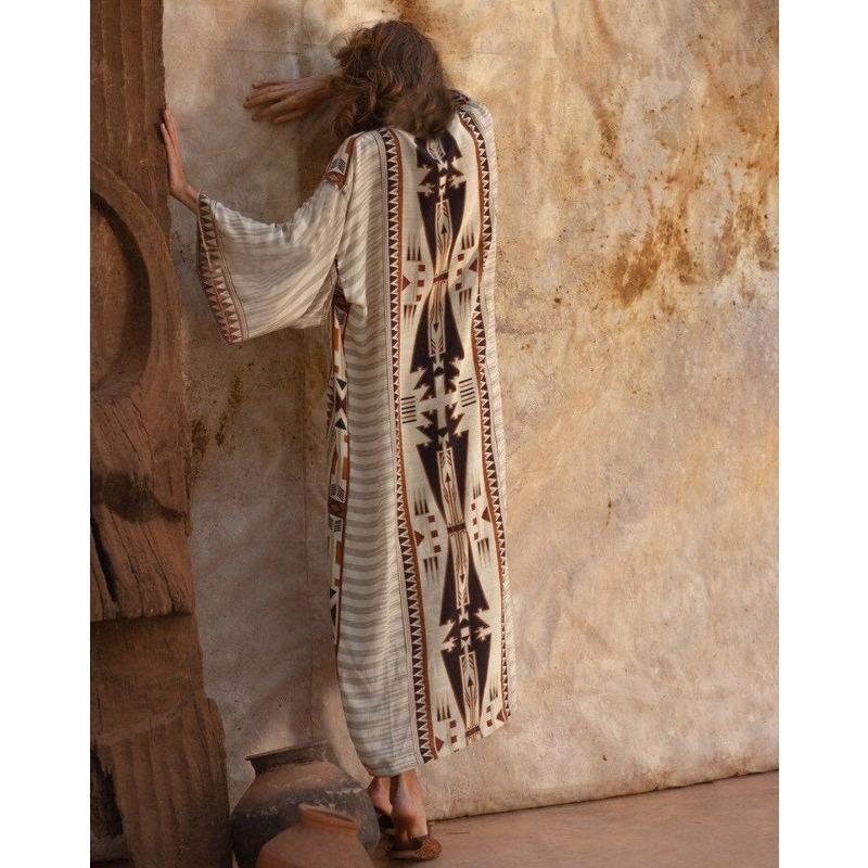 Moda feminina primavera outono estampa geométrica manga comprida decote em v cintura solta vestidos casuais