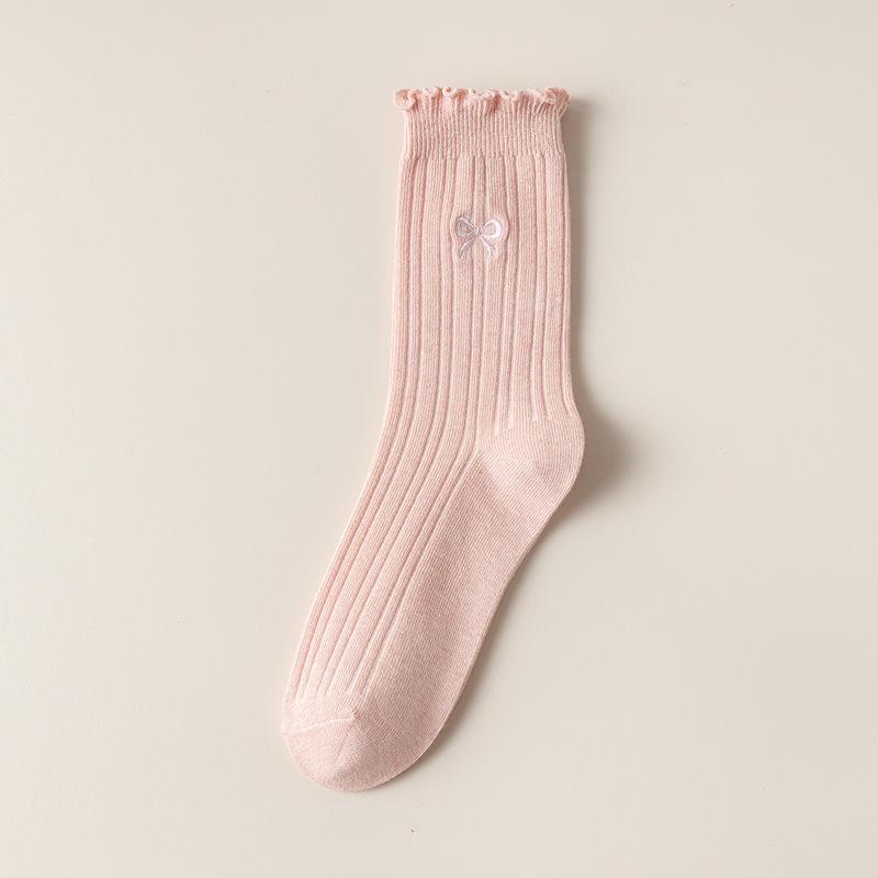 Female Spring and Autumn Embroidery Bow Wooden Ear Edge Boneless Drum Pile Pile Cotton Socks