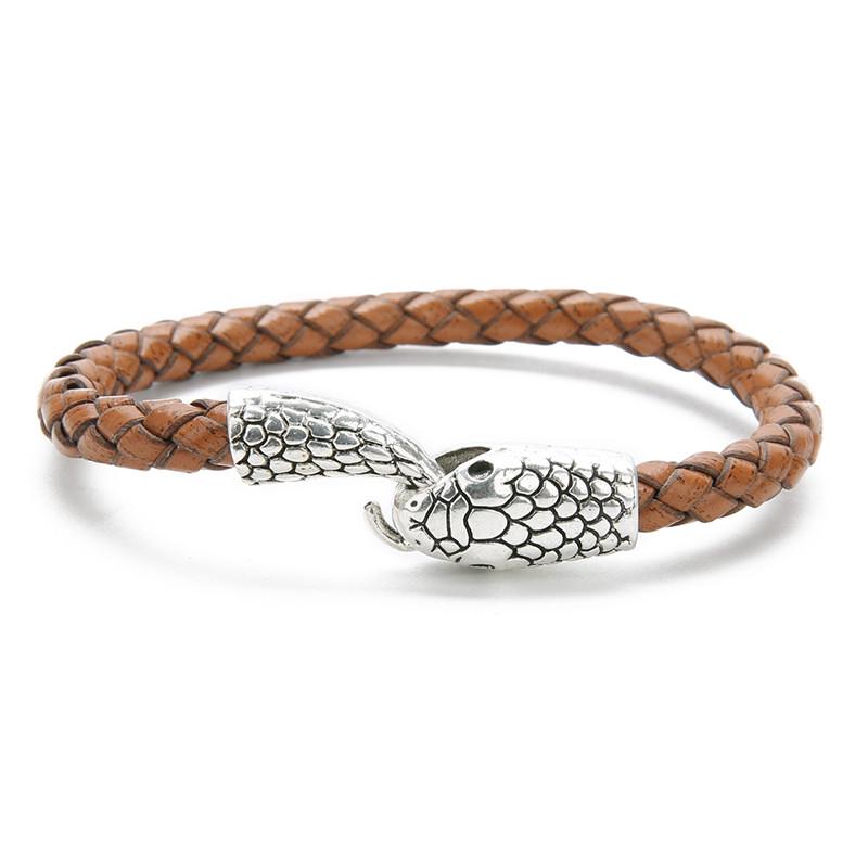 Vintage Silver Color Snake Easy-Hook Leather Bracelets Men Viking Jewelry Black Brown Braid Bracelet Charms Bangle 2019