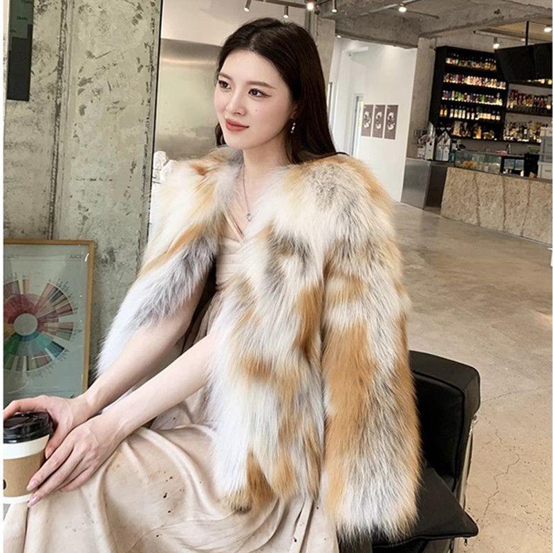 Nový zimní ekologický kabát z liščí kožešiny Top luxusní imitace kožešiny Sun Fox Celokožený kabát ze středně dlouhé kožešiny pro ženy