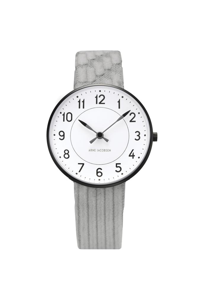 ARNE JACOBSEN x mina perhonen 34mm Scandinavian design watch with land puzzle strap, STATION 53411-1683B, white and light gray