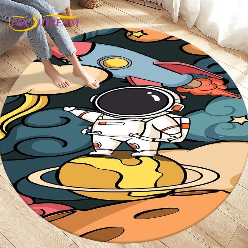 Cartoon Space Astronaut Round Rug Carpet Rug for Living Room Bedroom Sofa Decoration Kids Play Crawl Soft Floor Mat Crawling Mat