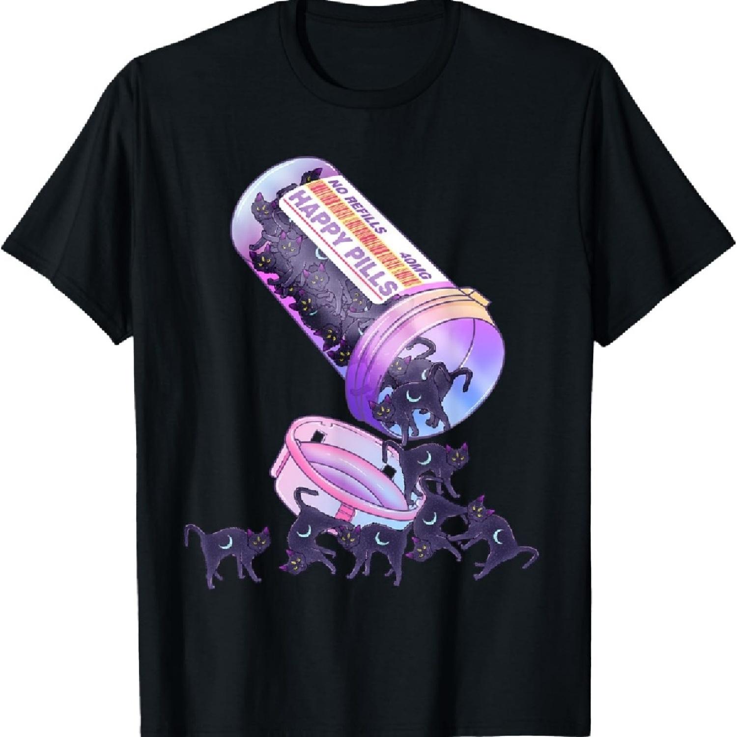 Счастливые таблетки Пастельный гот Каваи Ями Черный кот Отаку Женская футболка XXXXXL чёрный