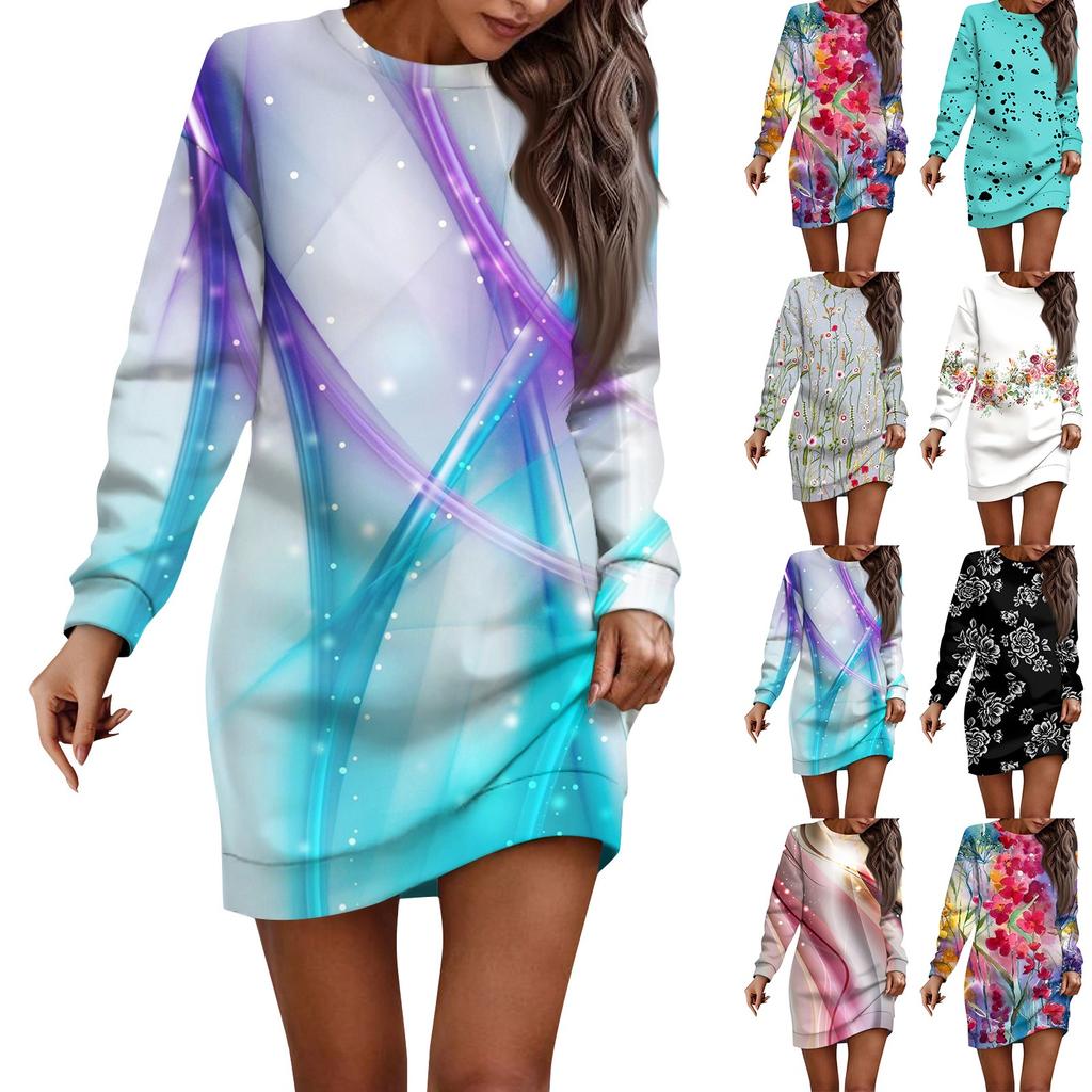 Women's Round Neck Retro Floral Long Sleeved Buttocks Wrapped Bathroom Dress