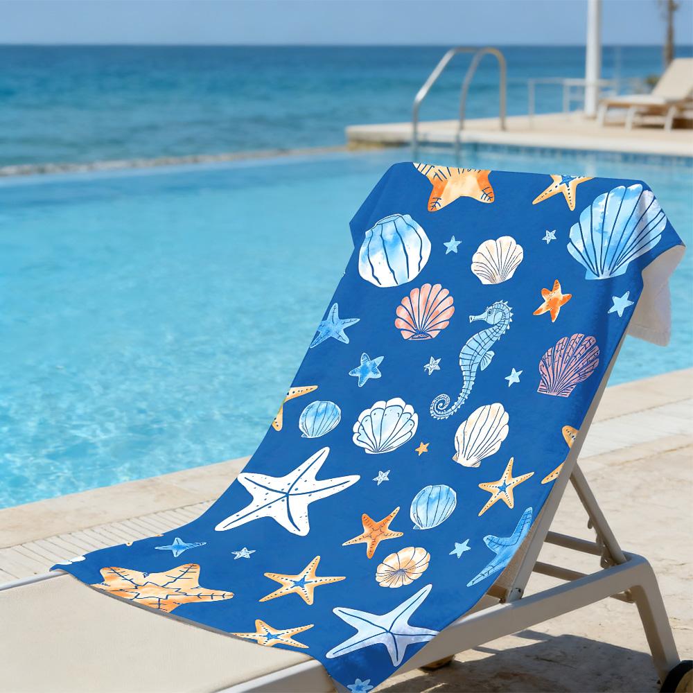 Sea Life Starfish Beach Towel – Oversized Quick Dry Sand Free with Watercolor Seashell & Seahorse Print