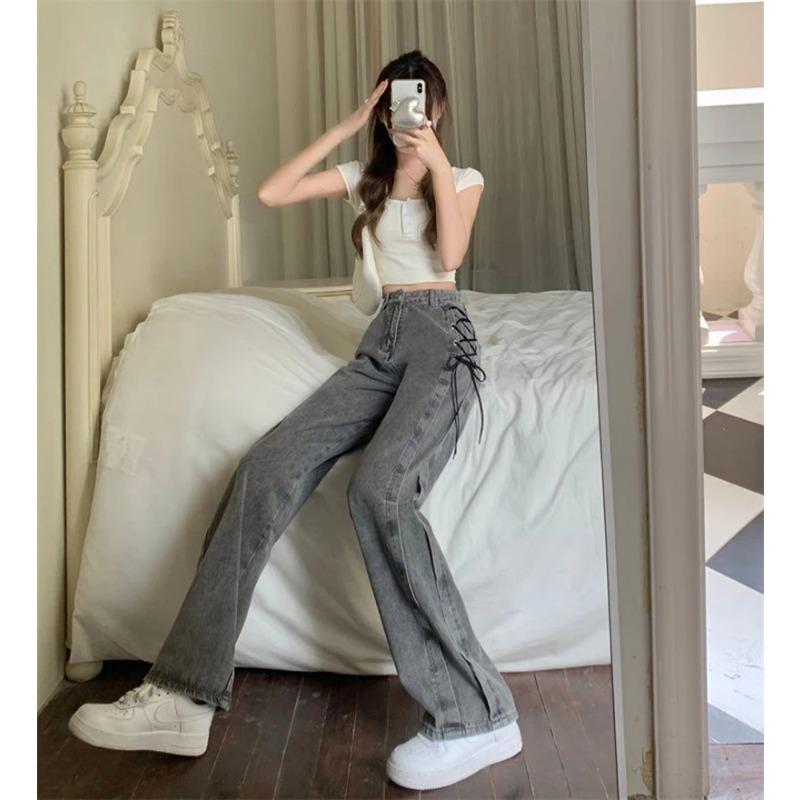 Y2K Street Women Jeans Pants American High Waist Lace Up Chic Female Casual Pants Korean Vintage Ladies Wide Leg Trousers