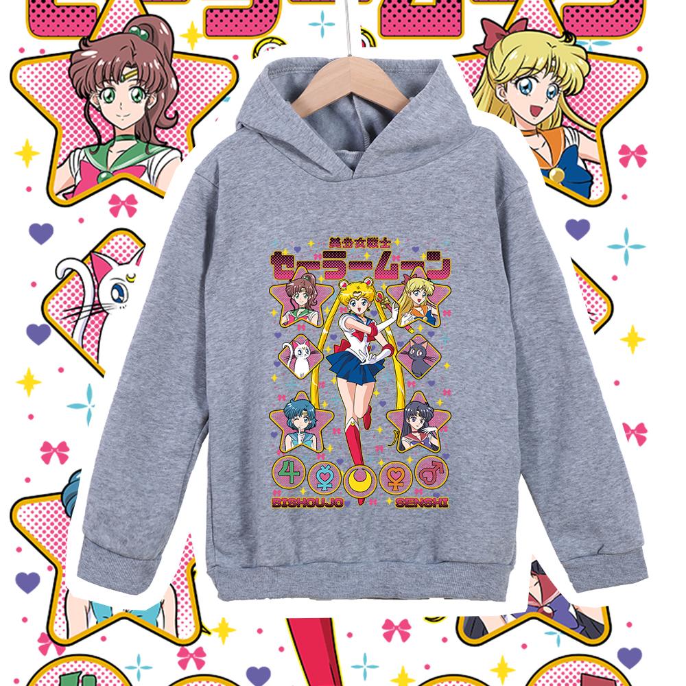 Kinder Anime Polyester T-Shirt Sailor Moon Charaktere Druck Unisex Hoodie Sweatshirt für Jungen Mädchen 100-160cm Größe