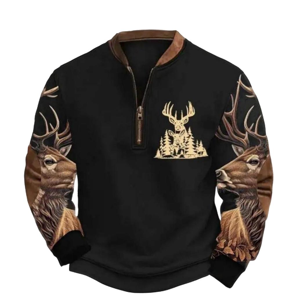 Pánská ležérní, trendy, retro, s americkým potiskem, s kulatým výstřihem, s dlouhým rukávem, polorozepínací mikina