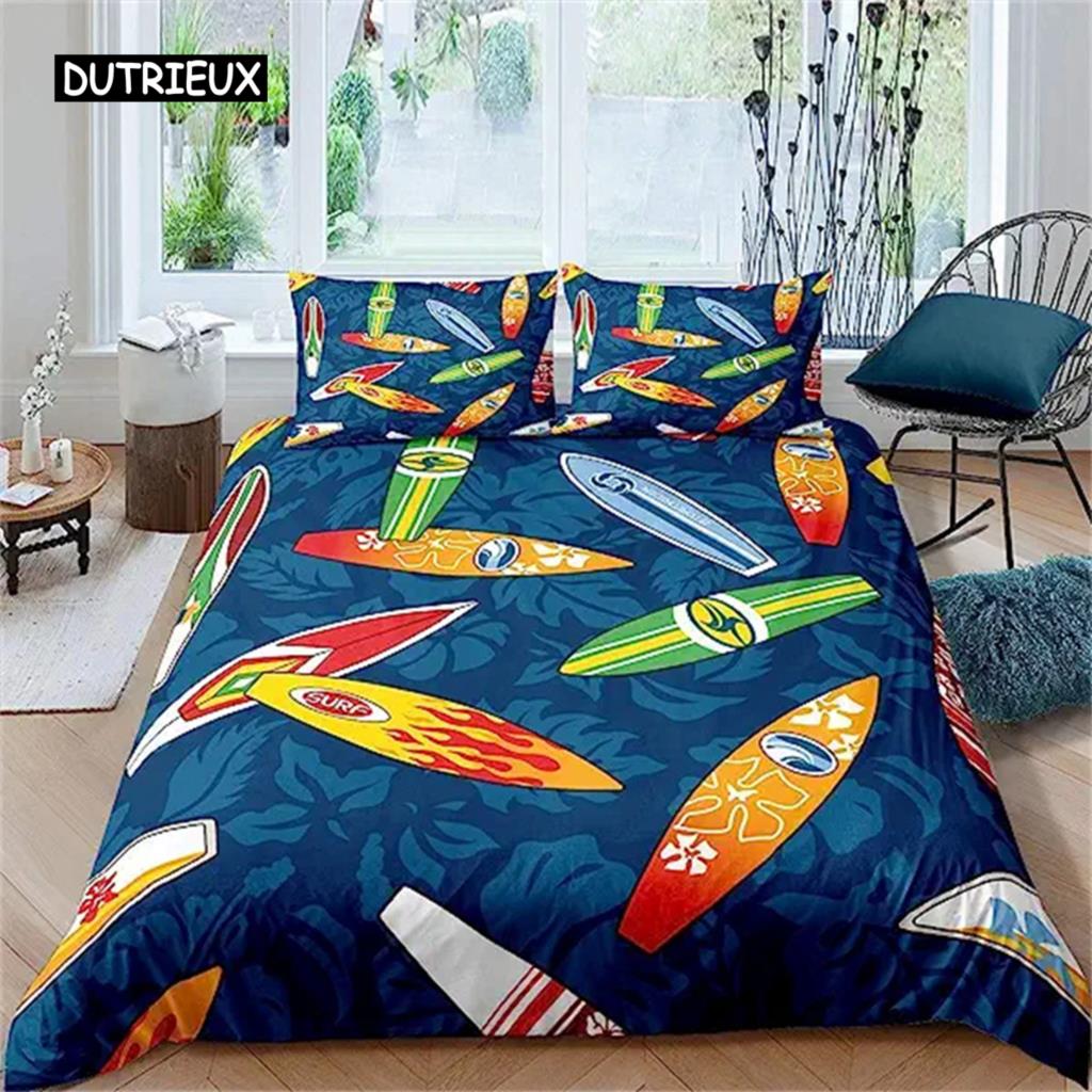 Surfboard Summer Sea Surfing Theme Duvet Cover Ocean Theme Bedding Set For Kids Boys Teens Soft Polyester Quilt Cover Decoration