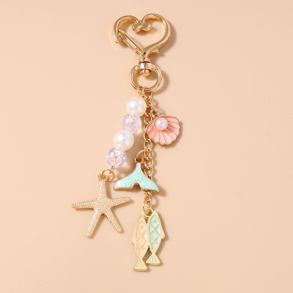 Fashion Marine Life Shell Conch Starfish Keychain Women Girls Pearl Key Ring Pendant for Handbag Decor DIY Key Chain Gifts