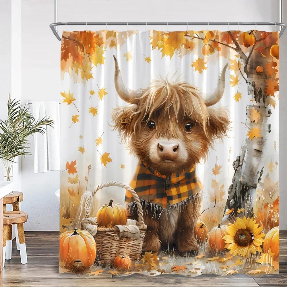 Cartoon shower curtain highland cattle harvest season pumpkin sunflower farmhouse bathroom decoration with hook shower curtain