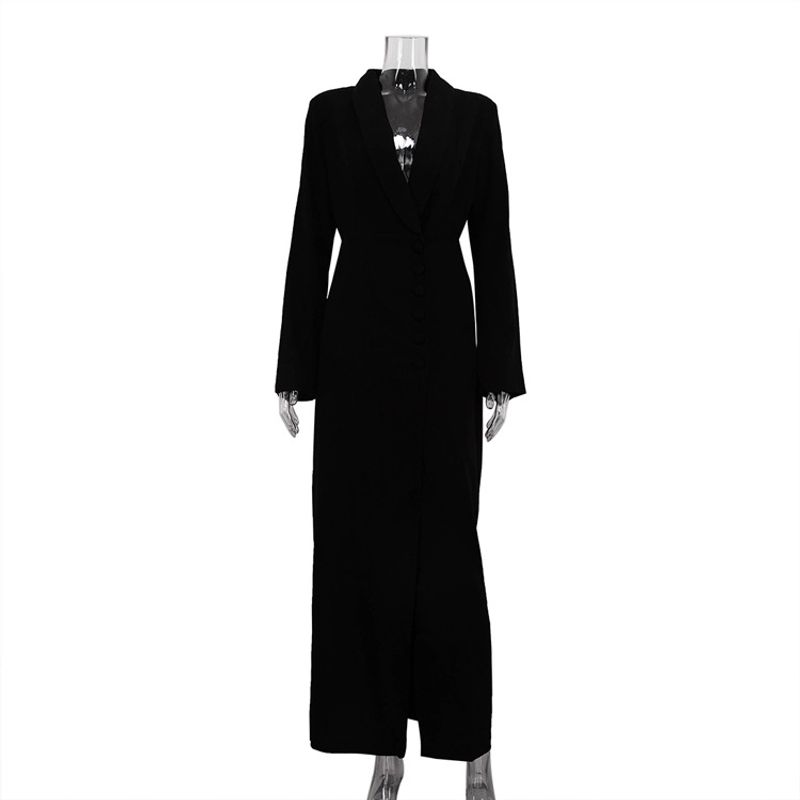 

Solid Color Lapel Long Sleeve Dress Solid Lapel Long sleeve Split Dress Women Black L