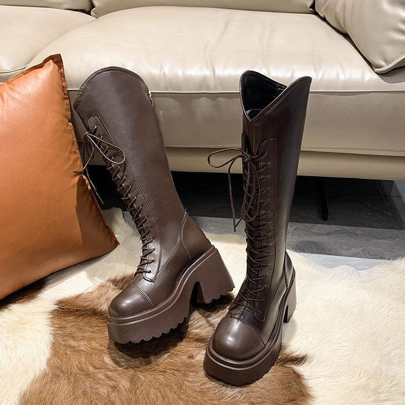 Two sizes, tube circumference V-mouth lace-up widened knight boots 2026 winter round head thick-soled thick-soled high-heeled high boots women