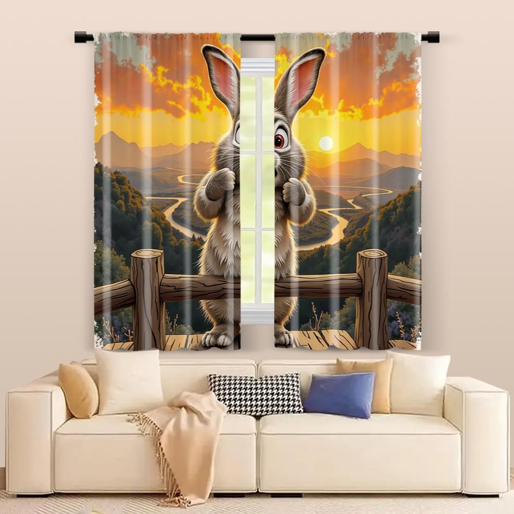 Set Of 2 Filtering Curtains Excluding Rods Non Movable Without Batteries Whimsical Rabbit Use Bedrooms Living Rooms Curtain Polyester Perfect For Area