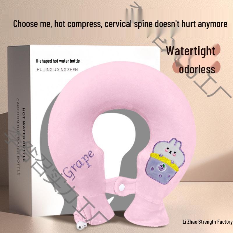 U-Shaped Neck Hot Water Bottle for Cervical Spine Relief, Plush PVC Heating Pad