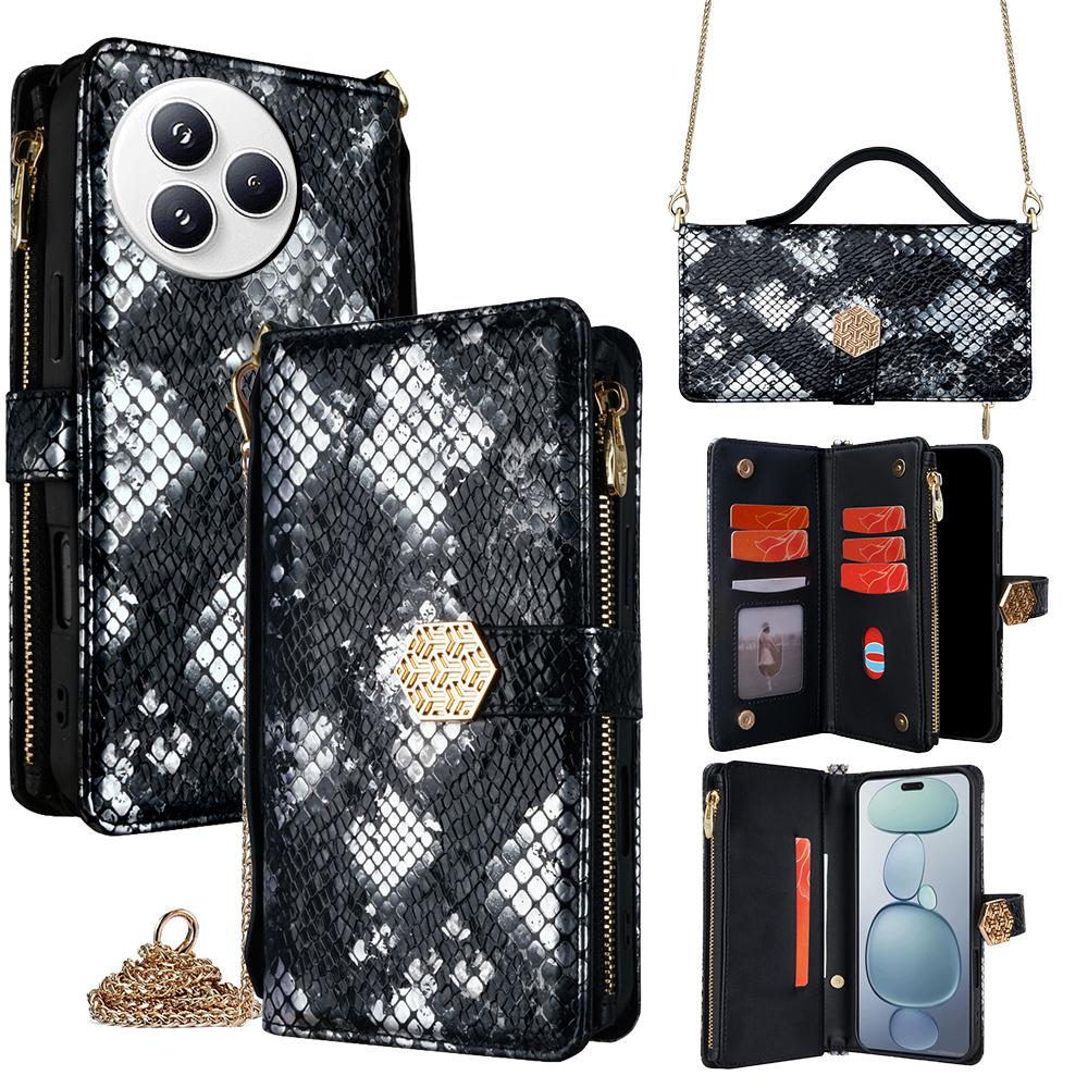

For Xiaomi Civi 5 Pro 5G Case Snake Skin Texture PU Leather Phone Wallet Cover with Shoulder Strap Black
