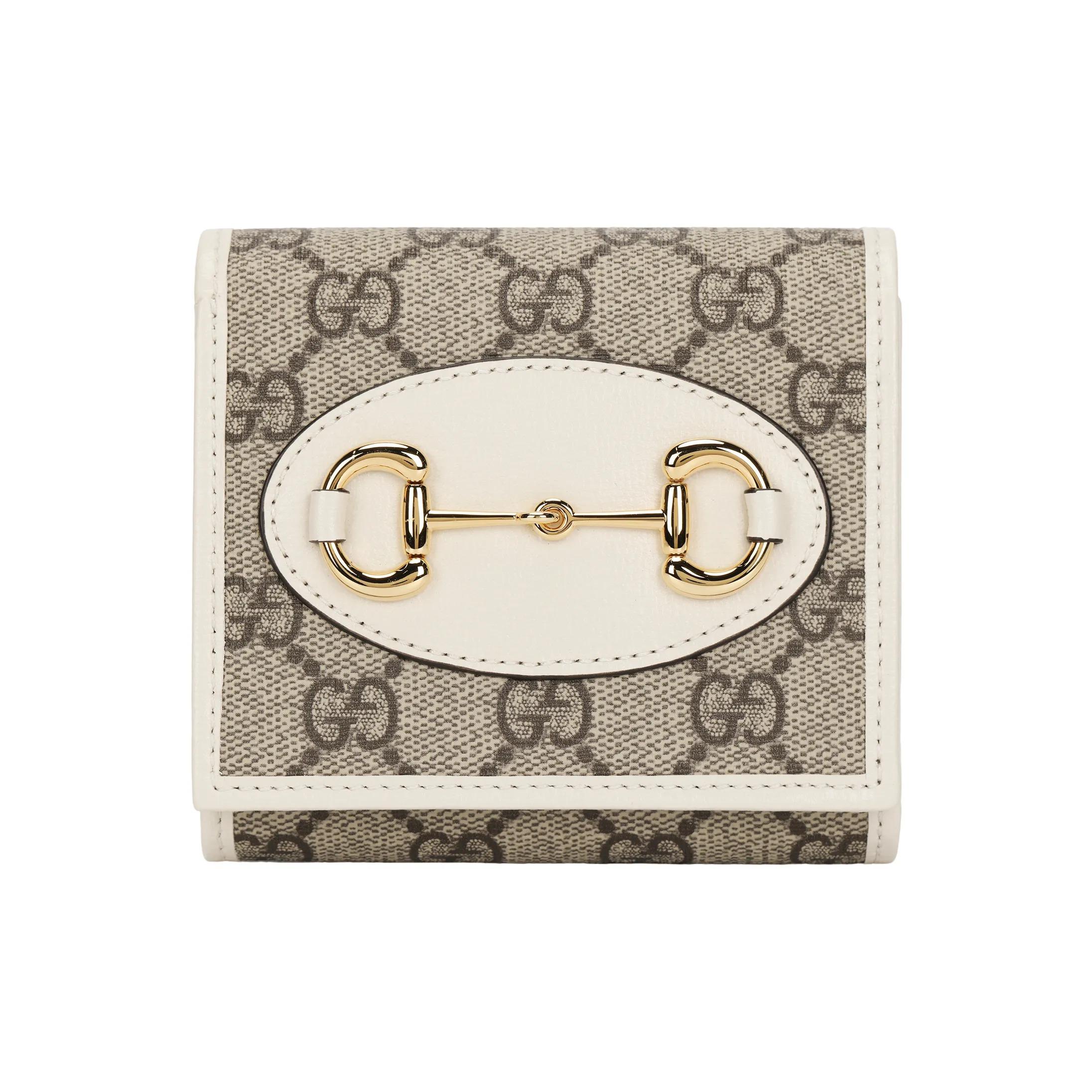 

GUCCI Horsebit 1955 Vintage Gold Buckle Monogram Logo Short Flap Canvas and Leather Wallet Women s Ebony/White Gift Box Package (Basic Package + Original Box) білий