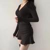 Ruffle Women's Hip Hugging Skirt High Waist Y2k Slim Fit Dress Fashion Long Sleeve Dress  Female