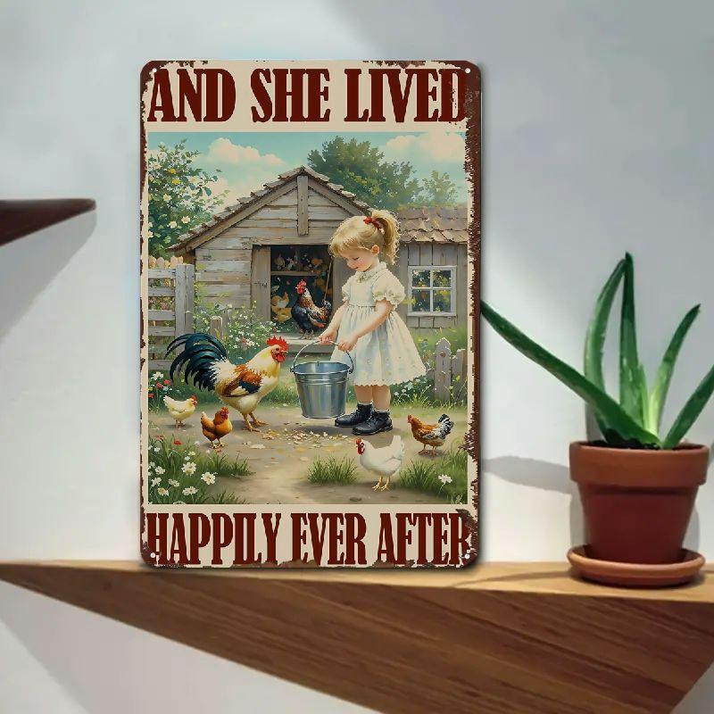 D Farm Girl and Chickens Retro Metal Tin Sign Rustic Farmhouse Wall Decor for Kitchen Living Room or Bedroom Vintage Farm