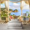 Seaside Castle Town 3D Seascape Balcony Garden Photo Wallpaper Mural, Removable 3D Wall Murals for Room Background and Wall Art Decaoration