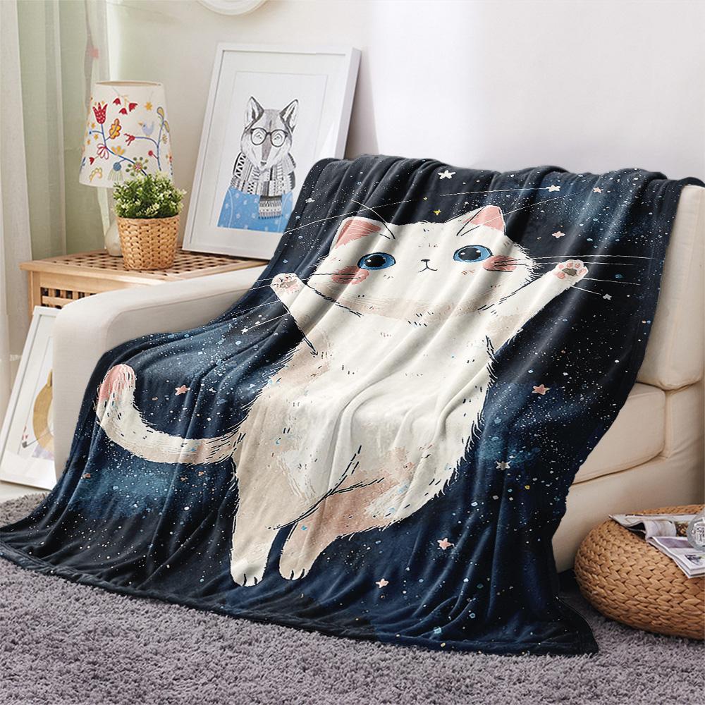 White Cat Print Flannel Blanket, High quality Comfortable for All Seasons, Home Decor, Warmth and Comfort, Perfect for Christmas Gifts
