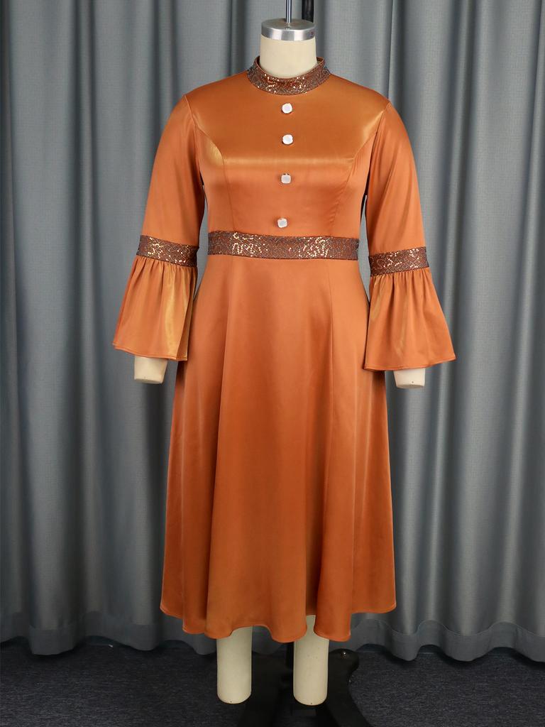 AOMEI Brown Satin Dresses Women Mock Neck Long Flare Sleeve Empire A Lline Evening Cocktail Party Midi Dress