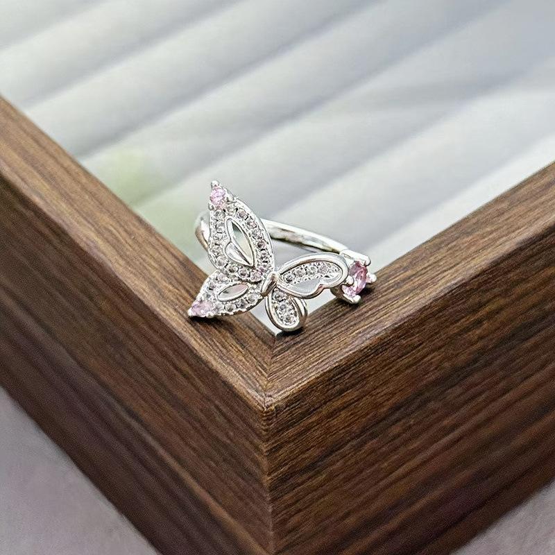 Light Luxury Sweet Cool Pink Cute Full Diamond Zir*****Pening Adjustable Ring Niche Design High-End Ring Woman
