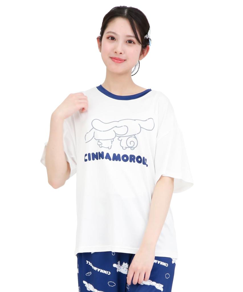 SAZAC Cinnamoroll and Milk Pajama Powder Stretch Short Sleeve and Long Pants Loungewear x Set, Fabric, Women's Set, (White Navy/L/SAN1952)