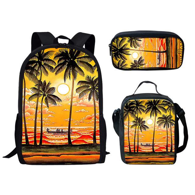 Klassiek Populair Grappig Hawaï Eiland Landschap 3D Print 3 stuks/Set leerling Schooltassen Laptop Dagrugzak Rugzak Lunchtas Etui