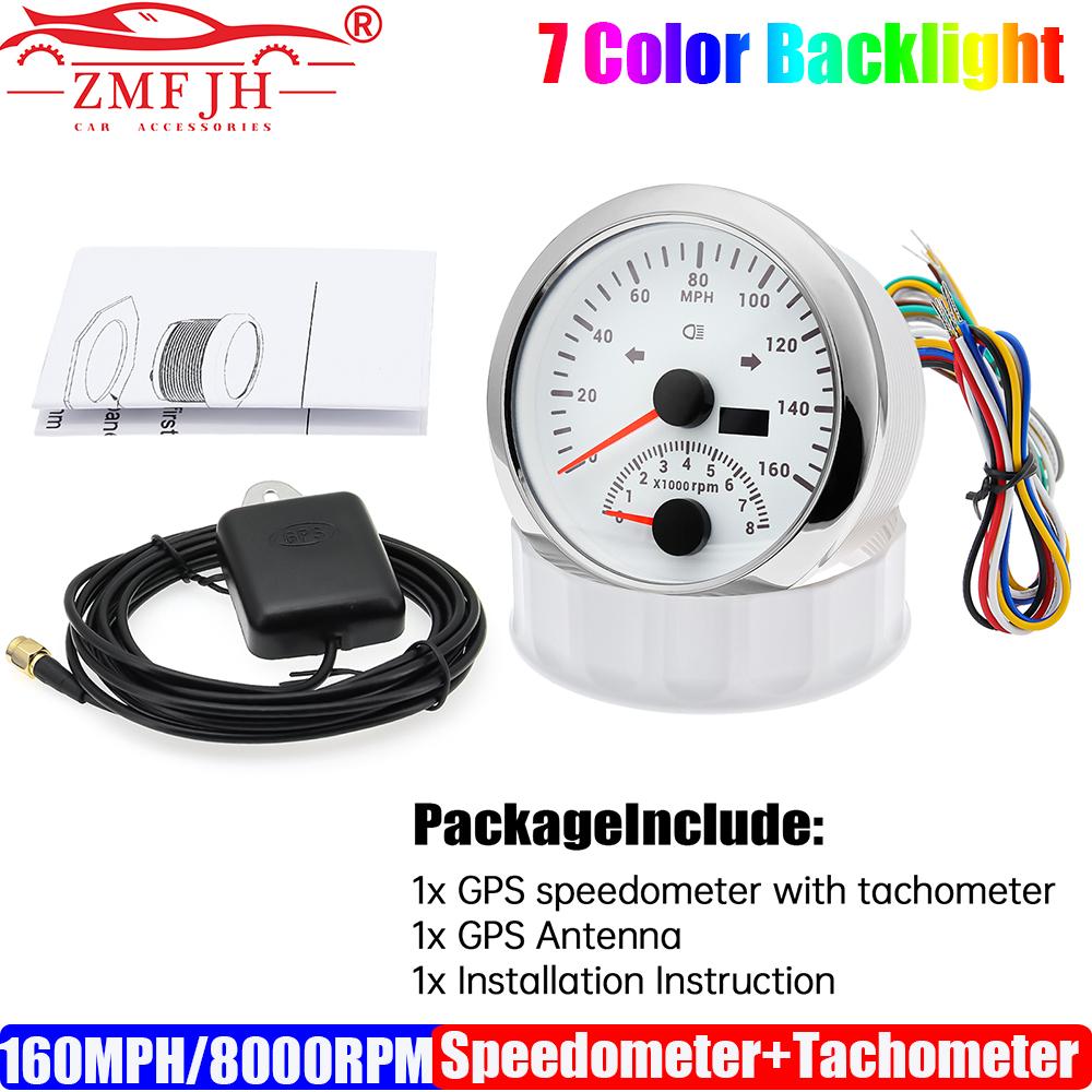 

ZMFJH 2 IN 1 Multifunctional 85mm Gauge 7 Color LED GPS Speedometer+Tachometer 8000RPM Beam Light Left Right Turn Light Antenna 160MPH WS